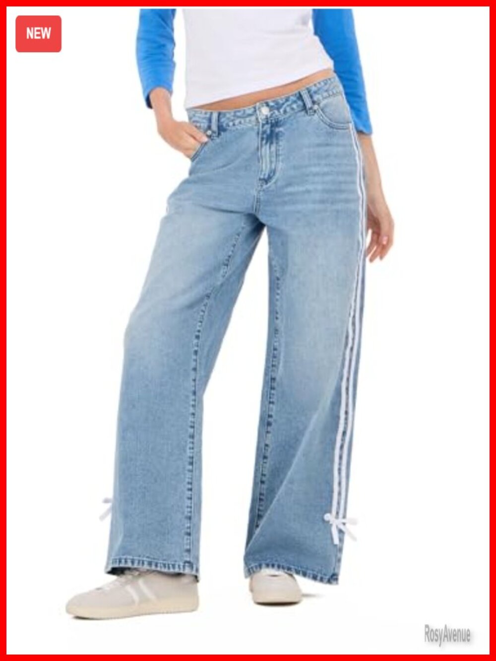 Forever 21 Womens Low-Rise Baggy Jeans Wide-Leg Denim Side Stripes